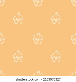 Vector rectangular pattern with croissants, cupcake and a cup of coffee in doodle style. A pattern with pastries for cafes, menus, packaging, postcards.