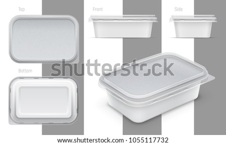 Vector rectangular plastic container with foil and transparent lid for butter, yoghurt or melted cheese. Set of top, bottom, front, side and perspective views. Packaging mockup illustration.