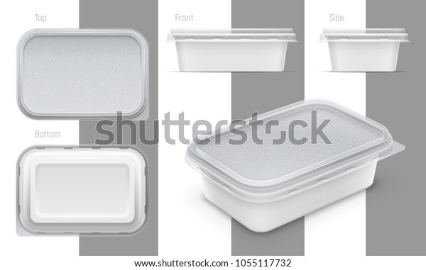 Vector rectangular plastic container with\
foil and transparent lid for butter, yoghurt or melted cheese. Set\
of top, bottom, front, side and perspective views. Packaging mockup\
illustration.