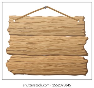 Vector rectangular plate of three boards hanging on a rope. Wooden banner, sign posts or boards. Game UI kit. Template wooden menu of graphical user interface GUI to build 2D games. Isolated on white