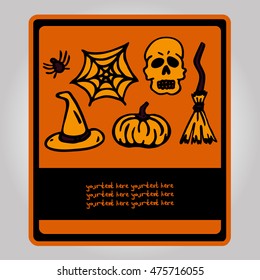 Vector Rectangular Postcard on Halloween. Images hats, pumpkins, spider webs, broom, etc. There is a place for your text. It can be used for packaging, invitations, greeting cards, etc.