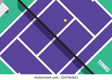 Vector rectangular fondo deportivo de pista de tenis púrpura con banco y bola amarilla.