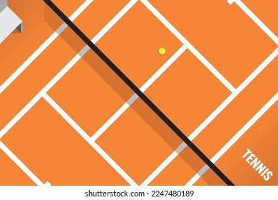 Vector rectangular sport background of tennis orange court with bench and yellow ball.