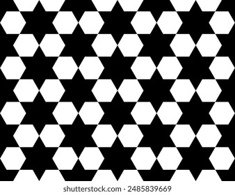 Vector rectangular de fondo de fútbol campeones de fútbol de cinco puntas estrella negra con hexágonos de bola gris.