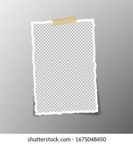 Vector rectangular square ragged paper fragment with soft shadow placed on transparent background. Vector illustration.