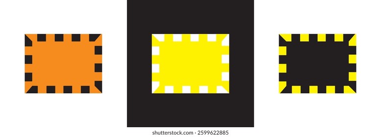 Vector rectangular and square yellow, black and white caution warning tape frame.  Design for app, UI, web. Vector illustration. isolated on white and black background. EPS 10