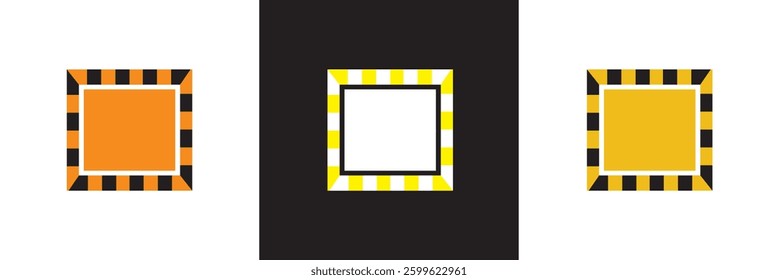 Vector rectangular and square yellow, black and white caution warning tape frame.  Design for app, UI, web. Vector illustration. isolated on white and black background. EPS 10