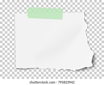 Vector rectangular torn piece of paper with soft shadow on green sticky adhesive tape placed on transparent checkered background. Template paper design.