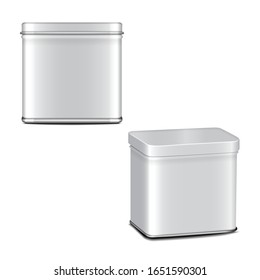 Vector rectangular white gloss tin can. Container for coffee, tea, sugar, sweet, spice. Realistic illustration packaging set for your design