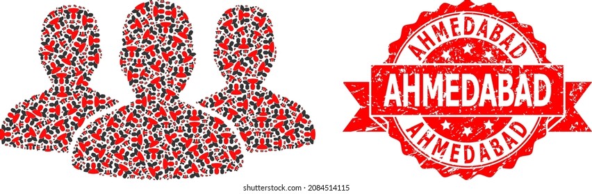 Vector recursion composition leader men group, and Ahmedabad unclean stamp seal. Red stamp seal contains Ahmedabad tag inside ribbon. Vector collage is made with random rotated leader men group icons.