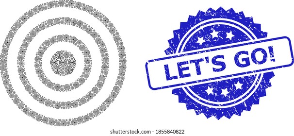 Vector recursion mosaic concentric circles, and Let'S Go! grunge seal. Blue seal contains Let'S Go! text inside rosette.