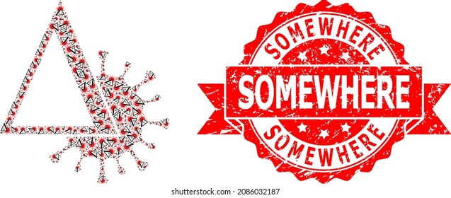 Vector recursion mosaic delta Covid virus, and Somewhere corroded seal. Red seal contains Somewhere text inside ribbon. Vector mosaic is designed of random rotated delta Covid virus pictograms.