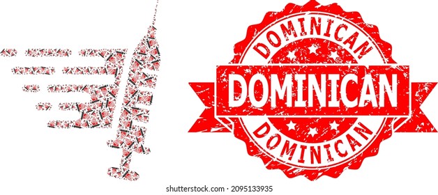 Vector recursion mosaic fast vaccination, and Dominican dirty seal print. Red stamp seal includes Dominican title inside ribbon. Vector mosaic is done with scattered rotated fast vaccination icons.
