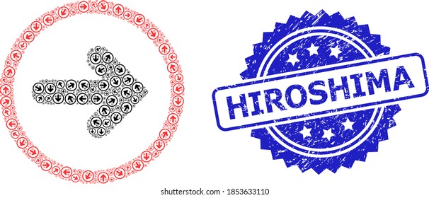Vector recursion mosaic right pointer, and Hiroshima grunge seal imitation. Blue stamp seal has Hiroshima tag inside rosette. Vector mosaic is formed of randomized rotated right pointer icons.