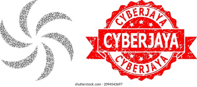 Vector recursion mosaic turbine rotation, and Cyberjaya corroded stamp seal. Red stamp seal contains Cyberjaya tag inside ribbon.