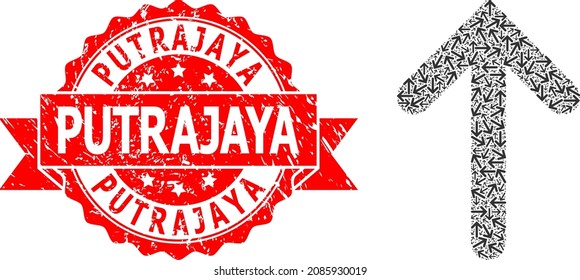 Vector recursive collage up arrow, and Putrajaya unclean seal print. Red stamp seal includes Putrajaya tag inside ribbon. Vector collage is designed with recursive rotated up arrow icons.