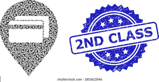 Vector recursive collage bank card pointer, and 2Nd Class corroded stamp seal. Blue seal contains 2Nd Class tag inside rosette.