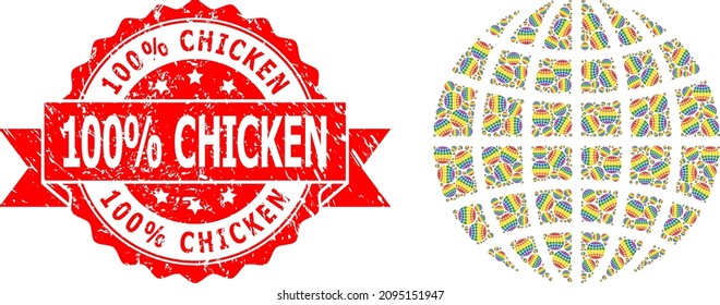 Vector recursive collage LGBT globe, and 100 percent Chicken corroded seal. Red seal includes 100 percent Chicken title inside ribbon. Vector collage is done of random rotated LGBT globe icons.