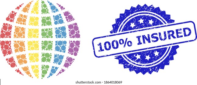 Vector recursive collage LGBT world, and 100% Insured corroded stamp. Blue stamp has 100% Insured title inside rosette. Vector collage is made of randomized rotated LGBT world pictograms.