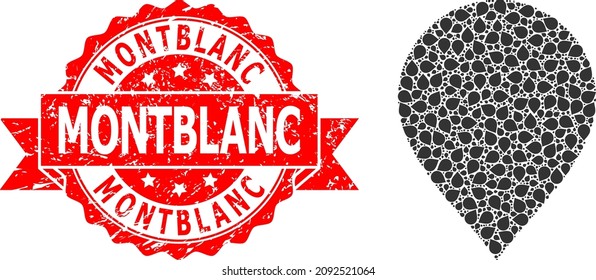 Vector recursive collage map pointer, and Montblanc unclean seal print. Red stamp seal contains Montblanc caption inside ribbon. Vector collage is created of scattered rotated map pointer items.