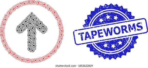 Vector recursive collage up pointer, and Tapeworms scratched stamp seal. Blue stamp seal has Tapeworms title inside rosette. Vector collage is composed with recursive rotated up pointer pictograms.