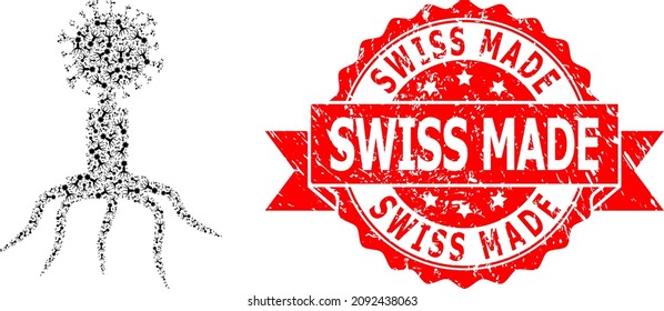 Vector recursive collage viral agent, and Swiss Made textured seal print. Red stamp seal has Swiss Made caption inside ribbon. Vector collage is formed of recursive rotated viral agent icons.