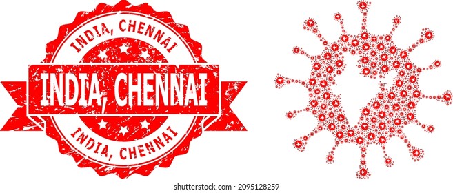 Vector Recursive Composition Indian Covid Virus, And India, Chennai Rubber Seal Imitation. Red Stamp Seal Includes India, Chennai Text Inside Ribbon.