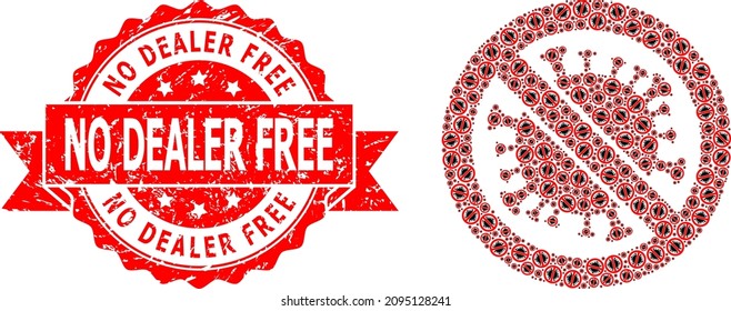 Vector recursive composition stop coronavirus, and No Dealer Free dirty stamp seal. Red stamp seal contains No Dealer Free title inside ribbon.