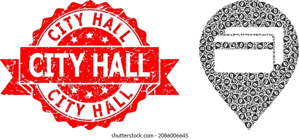 Vector recursive mosaic bank card pointer, and City Hall corroded stamp seal. Red stamp seal has City Hall text inside ribbon. Vector mosaic is composed from recursive rotated bank card pointer icons.