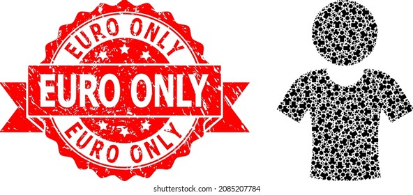 Vector recursivo niño de mosaico y sello de textura Euro Only. El sello rojo incluye texto Euro Only dentro de la cinta. El mosaico vectorial se realiza con pictogramas de niño girados recursivos.
