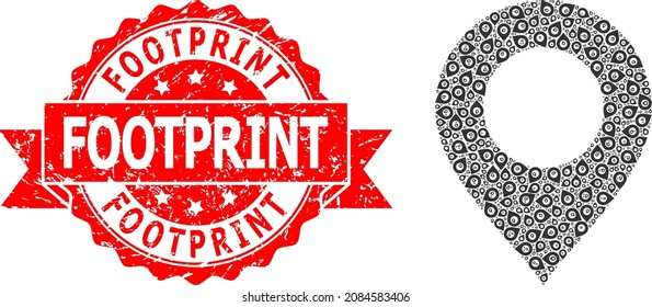 Vector recursive mosaic map mark, and Footprint scratched stamp seal. Red stamp contains Footprint tag inside ribbon. Vector mosaic is formed of randomized rotated map mark pictograms.