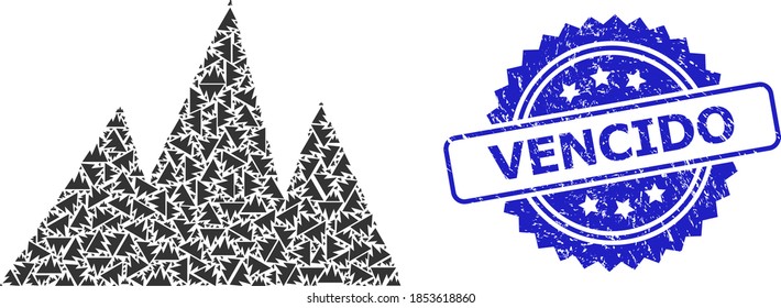 Vector recursive mosaic mountains, and Vencido unclean seal print. Blue seal has Vencido caption inside rosette. Vector mosaic is made from recursive rotated mountains items.