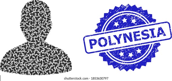 Vector recursive mosaic user, and Polynesia corroded seal print. Blue seal contains Polynesia text inside rosette. Vector mosaic is formed with scattered rotated user icons.