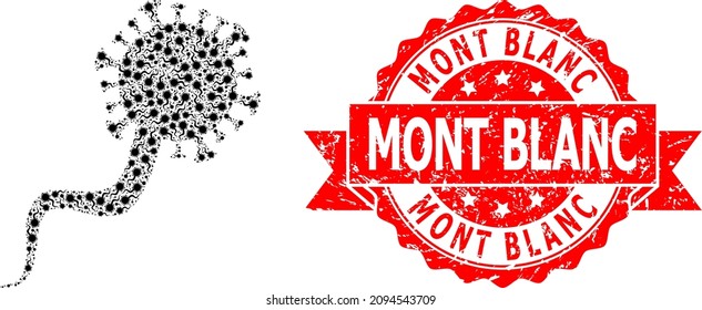 Vector recursive mosaic virion virus, and Mont Blanc grunge seal. Red stamp seal contains Mont Blanc text inside ribbon. Vector mosaic is created of recursive rotated virion virus pictograms.