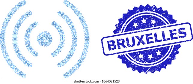 Señal Wi-Fi de mosaicos recursivos vectoriales y sello corroido de Bruselas. El sello azul contiene la etiqueta Bruxelles dentro de la rosette. El mosaico vectorial se hace a partir de pictogramas repetidos de señal Wi-Fi rotativa.