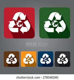 Vector : Recycle Arrow With Globe Flat Long Shadow Style Icon, Label, Sticker, Sign or Banner