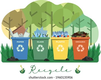 Vector. Recycle bin with recycle sign in the park.