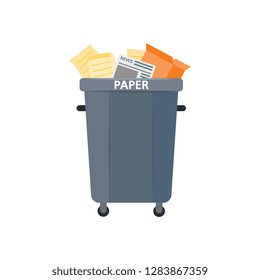 Vector recycle bin for trash separtion. Paper waste garbage container with newspapers, magazines . Dump recycling concept for environmental related design. Isolated illustration