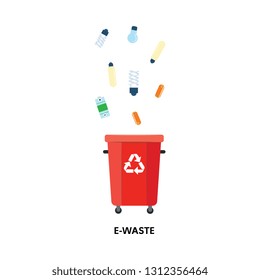 Vector recycle bin for trash separtion. E-type waste garbage container with light bulbs, batteries. Dump recycling concept for environmental issues related design. Isolated illustration