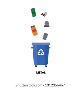 Vector recycle bin for trash separtion. Metal waste garbage container with tin cans, cola cans. Dump recycling concept for environmental issues related design. Isolated illustration