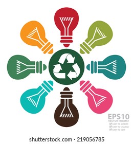 Vector : Recycle Icon With Colorful Light Bulb Around Isolated on White Background