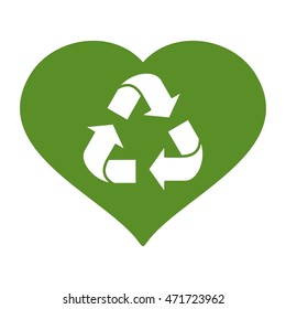 Vector recycle logo in green heart. Logotype for sites, advertising brochures, flayers, posters and info graphics. Flat cartoon vector illustration. Objects isolated on a white background.