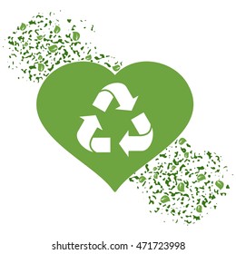 Vector recycle logo in green heart with grunge texture. Elements for sites, advertising, flayers, posters and info graphics. Flat cartoon vector illustration. Objects isolated on a white background.