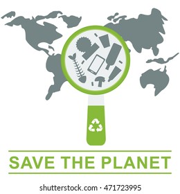Vector recycle logo save the planet. Waste sorting problem. Impact of pollution on the ecology of planet. Flat cartoon illustration. Objects isolated on a white background.