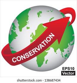 Vector : Recycle, Save The Earth, Stop Global Warming or Conservation Concept Present By Green Earth With Red Conservation Arrow Around  Isolated on White Background