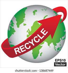 Vector : Recycle, Save The Earth, Stop Global Warming or Conservation Concept Present By Green Earth With Red Recycle Arrow Around  Isolated on White Background