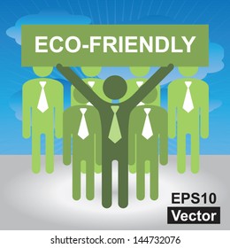 Vector : Recycle, Save The Earth or Stop Global Warming Concept Present By Group of Businessman With Green Eco-Friendly Sign in Blue Sky Background
