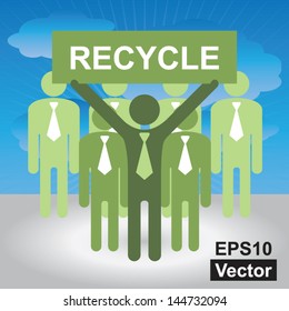 Vector : Recycle, Save The Earth or Stop Global Warming Concept Present By Group of Businessman With Green Recycle Sign in Blue Sky Background