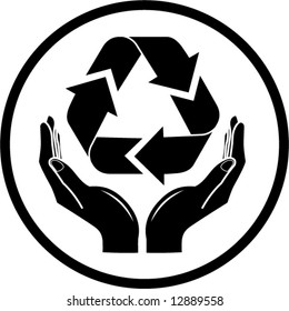 Vector recycle symbol in hands icon. Black and white. Simply change.