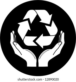 Símbolo de reciclaje de vectores en las manos. Blanco y negro. Simplemente cambia.